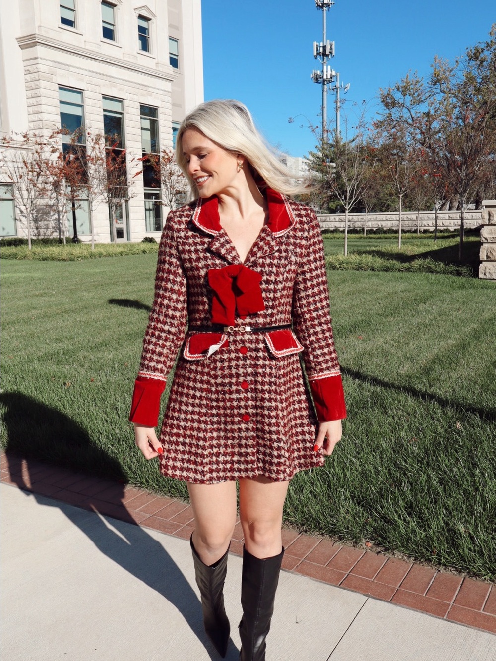 Eterna Red and Cream Houndstooth Blazer with Velvet Trim